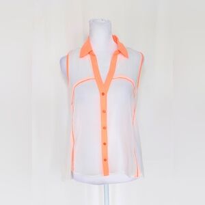 Event Sheer Sleeveless Button Up White Orange Trim Womens Size Small